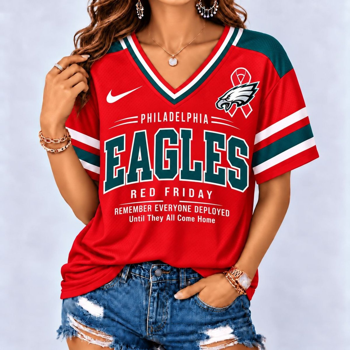 Philadelphia Eagles | Premium NFL Red Friday Remember Everyone Deployed V-Neck Shirt