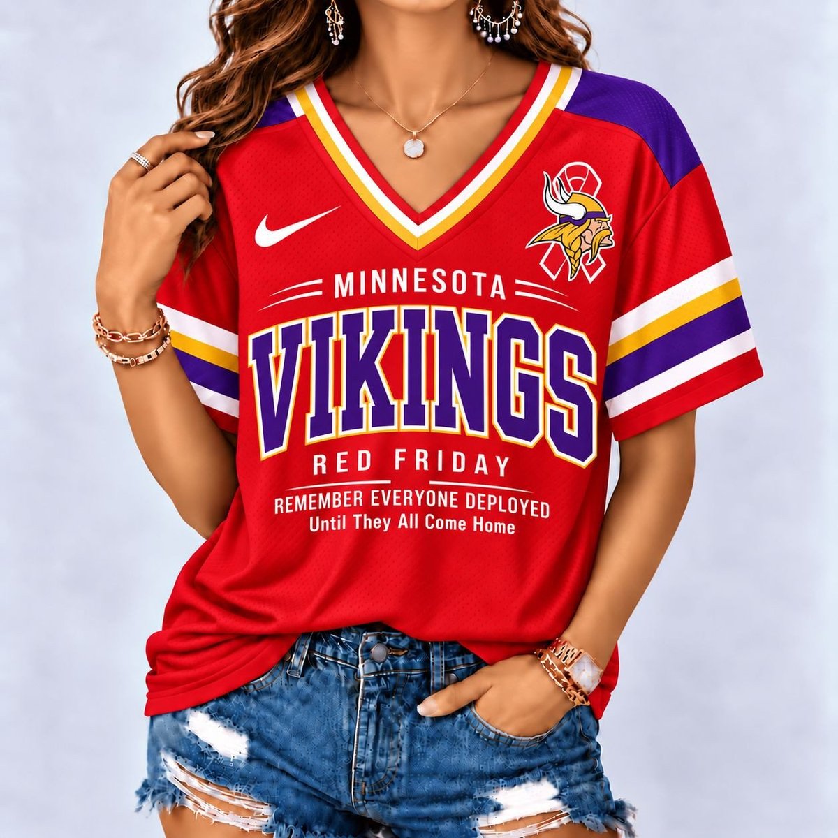Minnesota Vikings | Premium NFL Red Friday Remember Everyone Deployed V-Neck Shirt