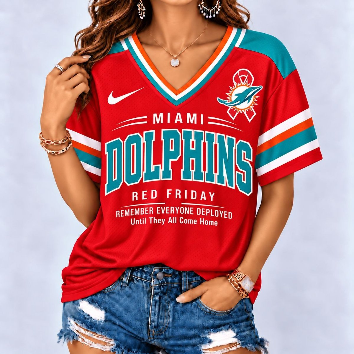 Miami Dolphins | Premium NFL Red Friday Remember Everyone Deployed V-Neck Shirt