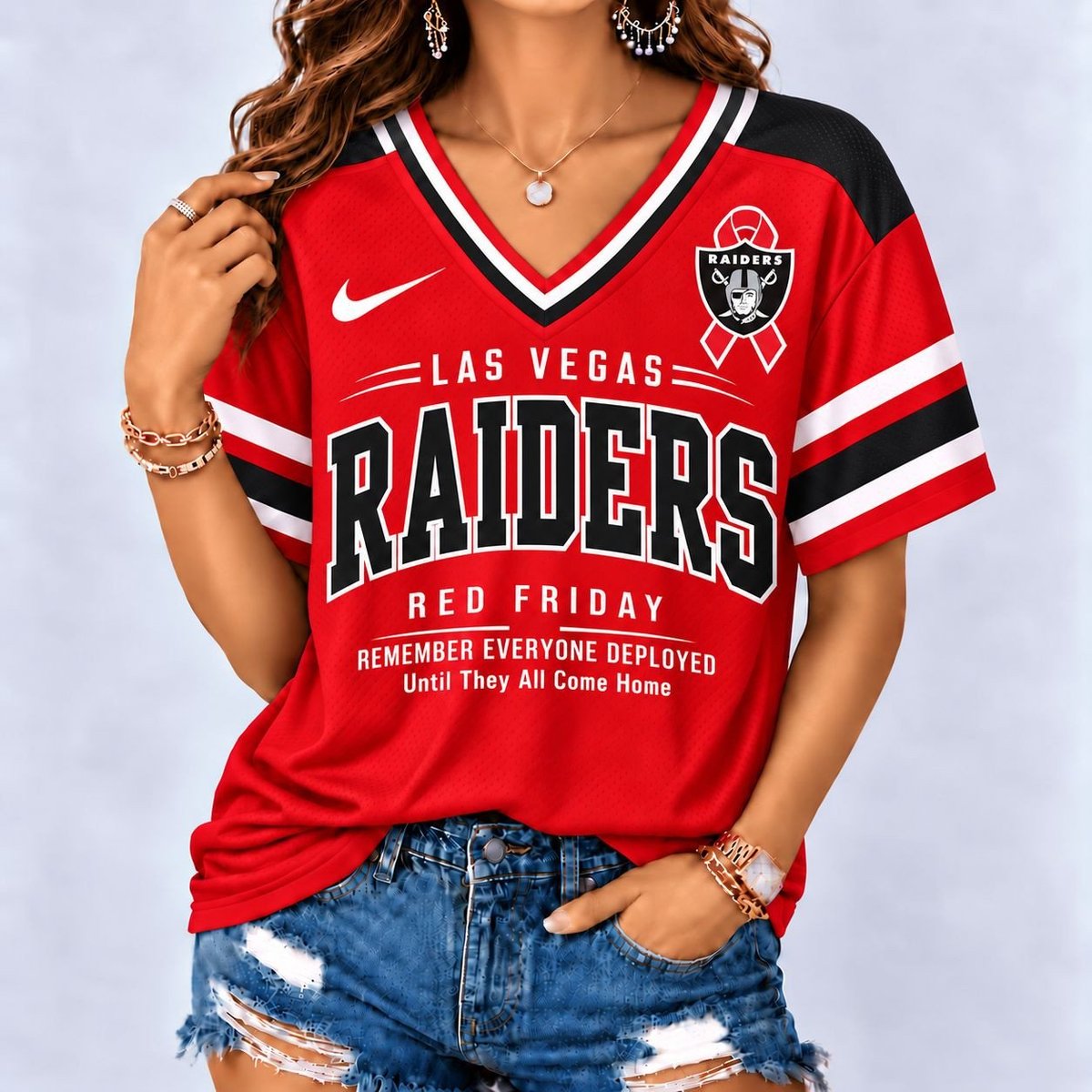 Las Vegas Raiders | Premium NFL Red Friday Remember Everyone Deployed V-Neck Shirt