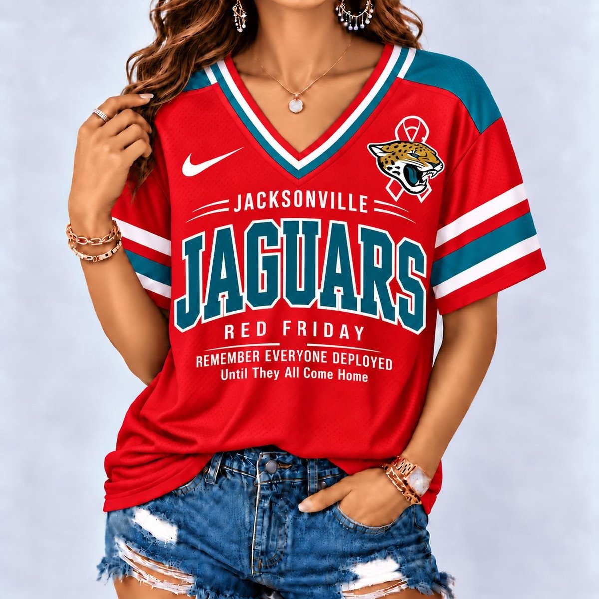 Jacksonville Jaguars | Premium NFL Red Friday Remember Everyone Deployed V-Neck Shirt