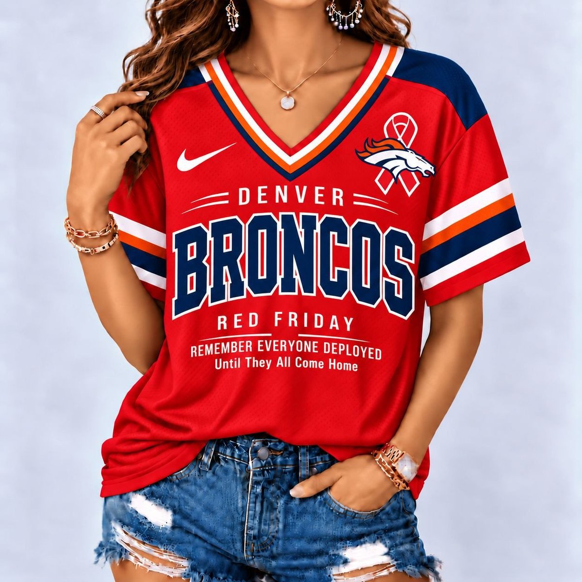 Denver Broncos | Premium NFL Red Friday Remember Everyone Deployed V-Neck Shirt