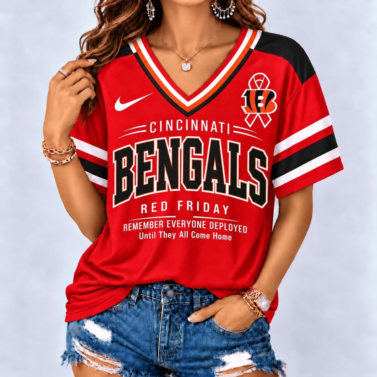 Cincinnati Bengals | Premium NFL Red Friday Remember Everyone Deployed V-Neck Shirt