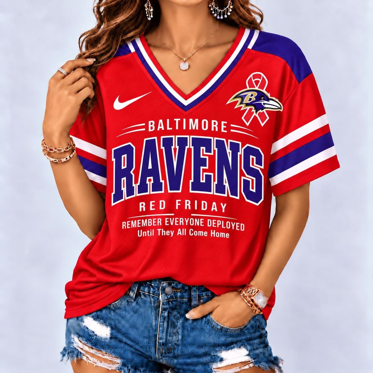 Baltimore Ravens | Premium NFL Red Friday Remember Everyone Deployed V-Neck Shirt