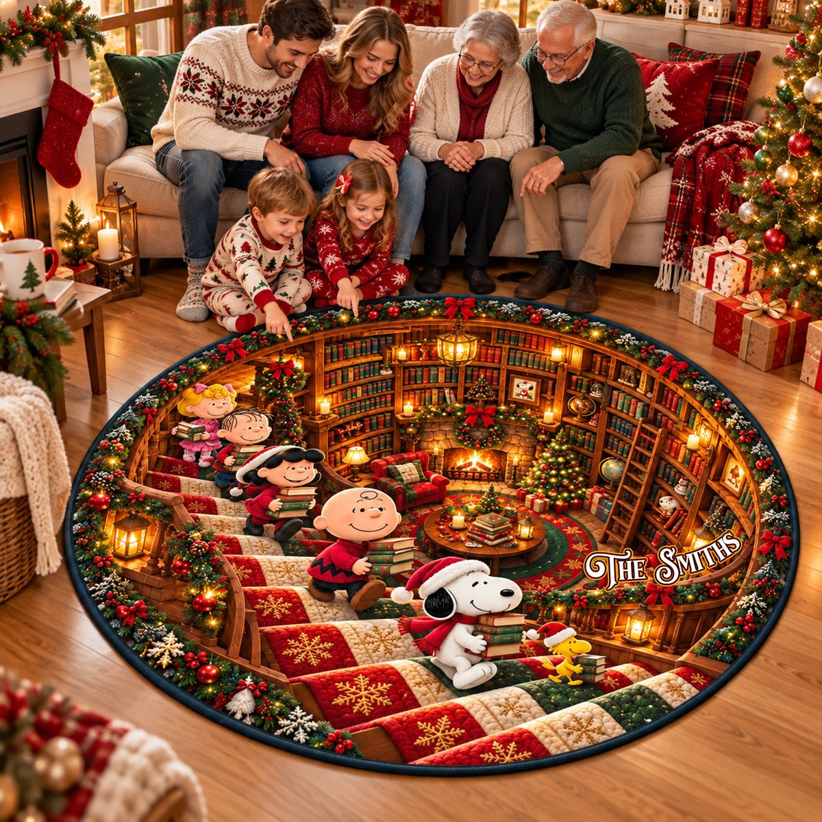 Cartoon Bookstore Christmas Round Rugs - Personalized Gifts