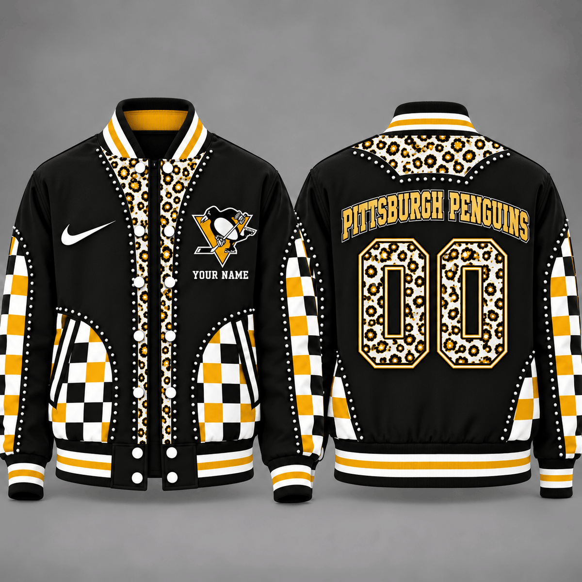 Pittsburgh Penguins Personalized NHL Team Leopard Print Baseball Jacket