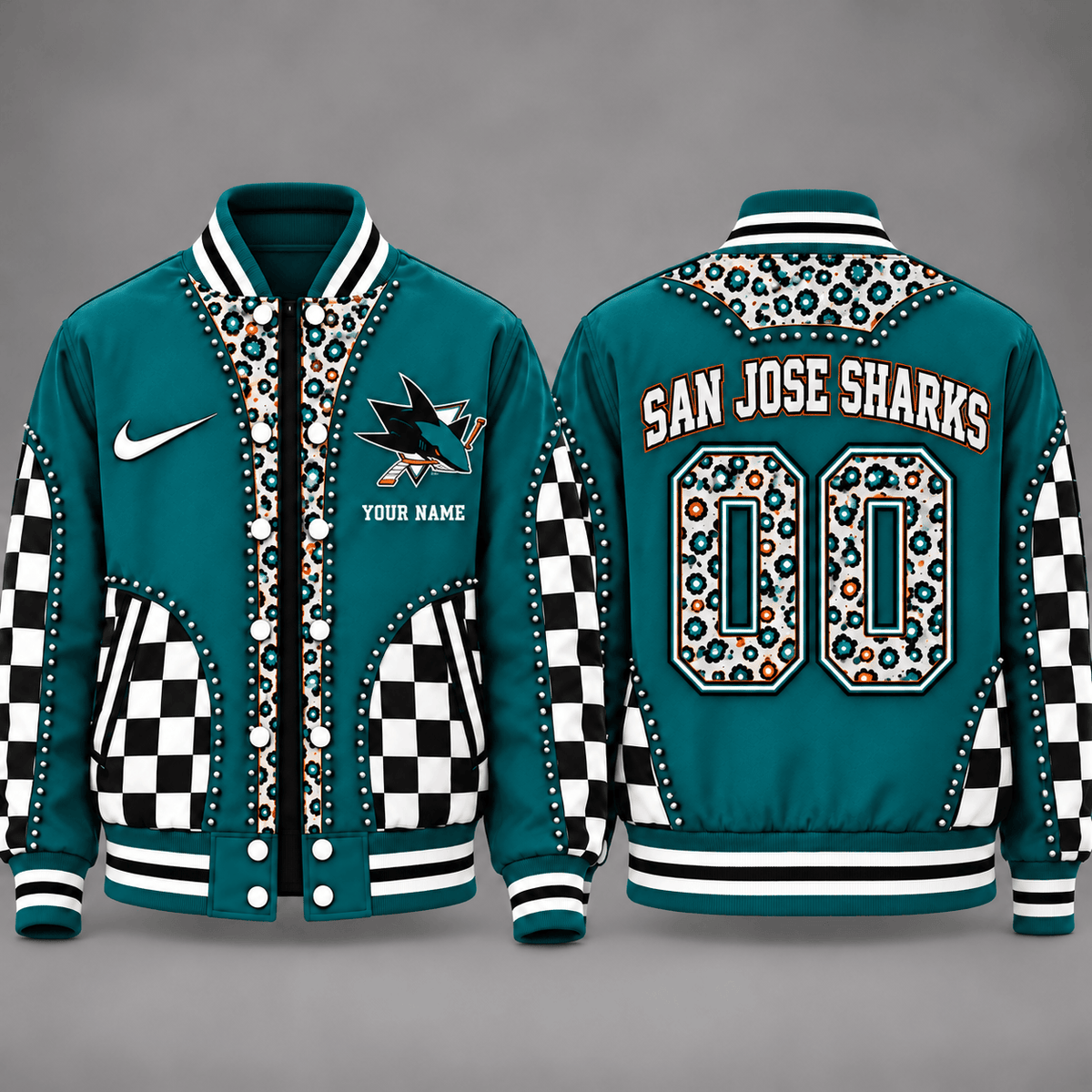 San Jose Sharks Personalized NHL Team Leopard Print Baseball Jacket