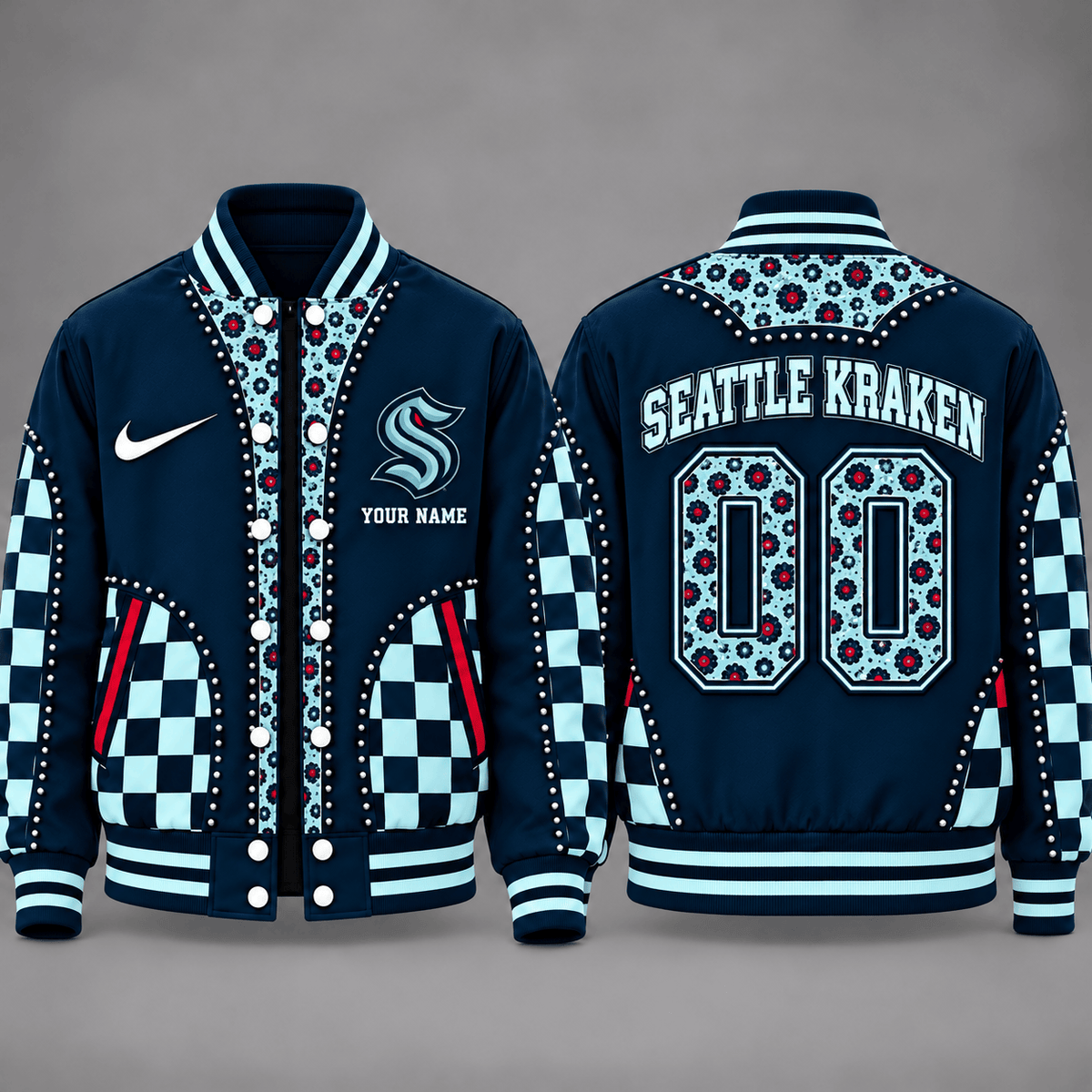 Seattle Kraken Personalized NHL Team Leopard Print Baseball Jacket