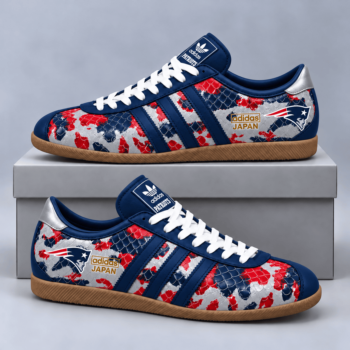 New England Patriots | Premium NFL Japan Edition Abstract Floral Print Three Stripe Low Top Gum Sole Casual Sneakers