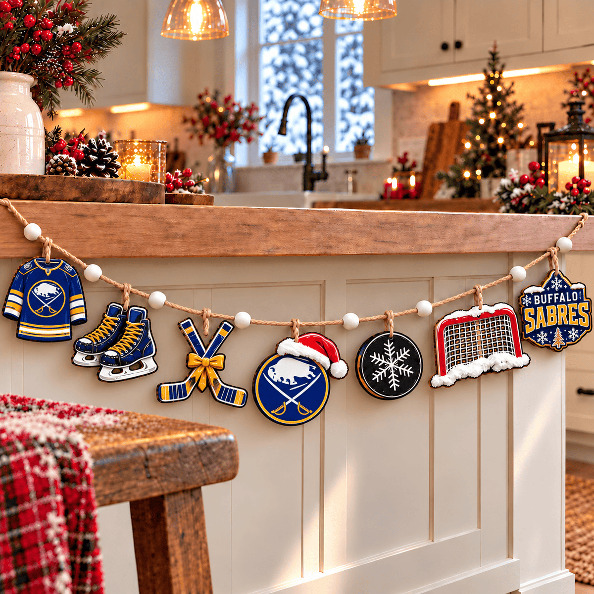 Buffalo Sabres NHL Team Christmas Wooden Garland – Hockey Holiday Hanging Decorations