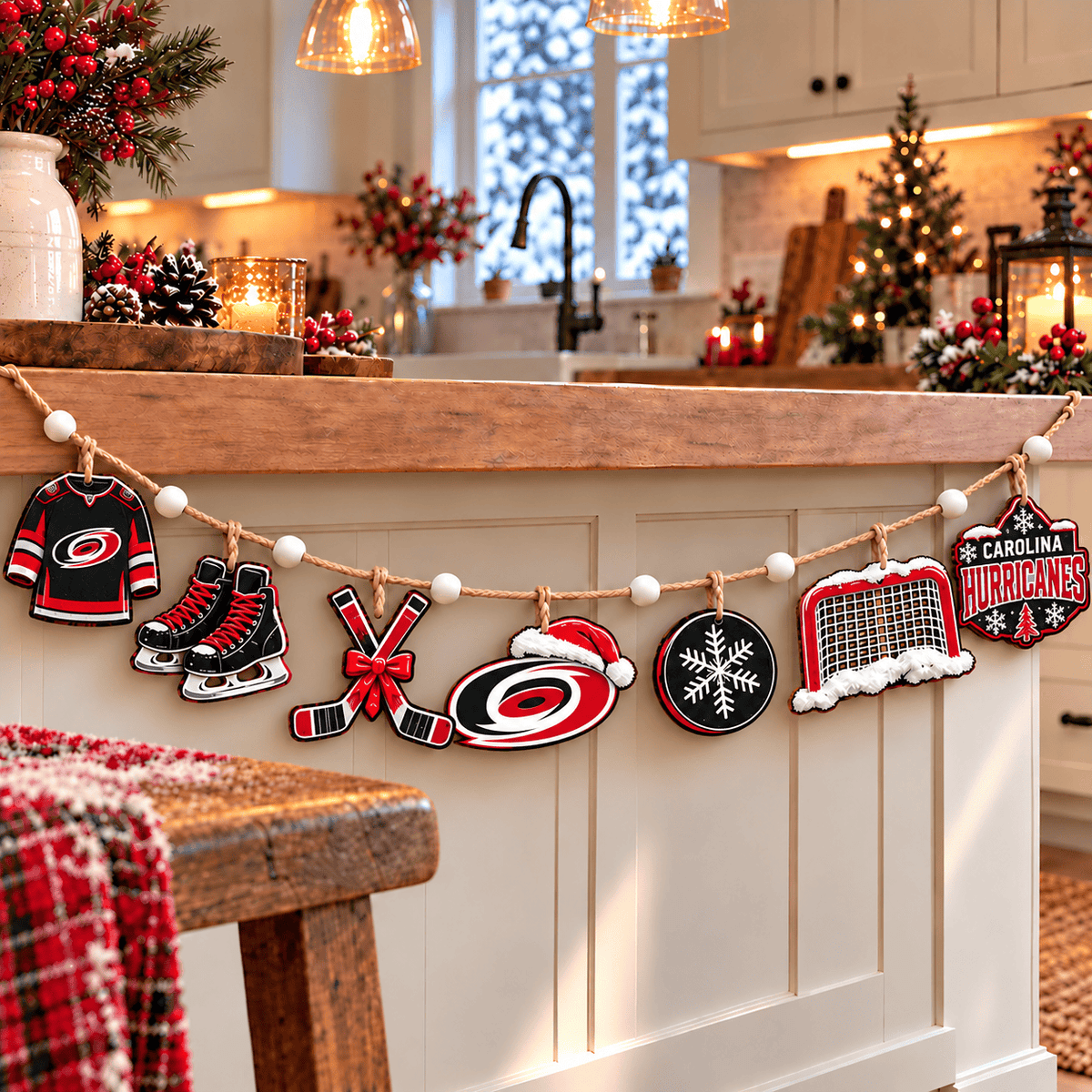 Carolina Hurricanes NHL Team Christmas Wooden Garland – Hockey Holiday Hanging Decorations