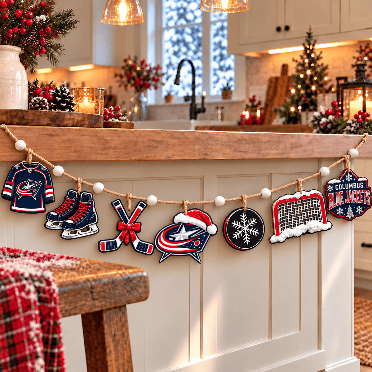 Columbus Blue Jackets NHL Team Christmas Wooden Garland – Hockey Holiday Hanging Decorations