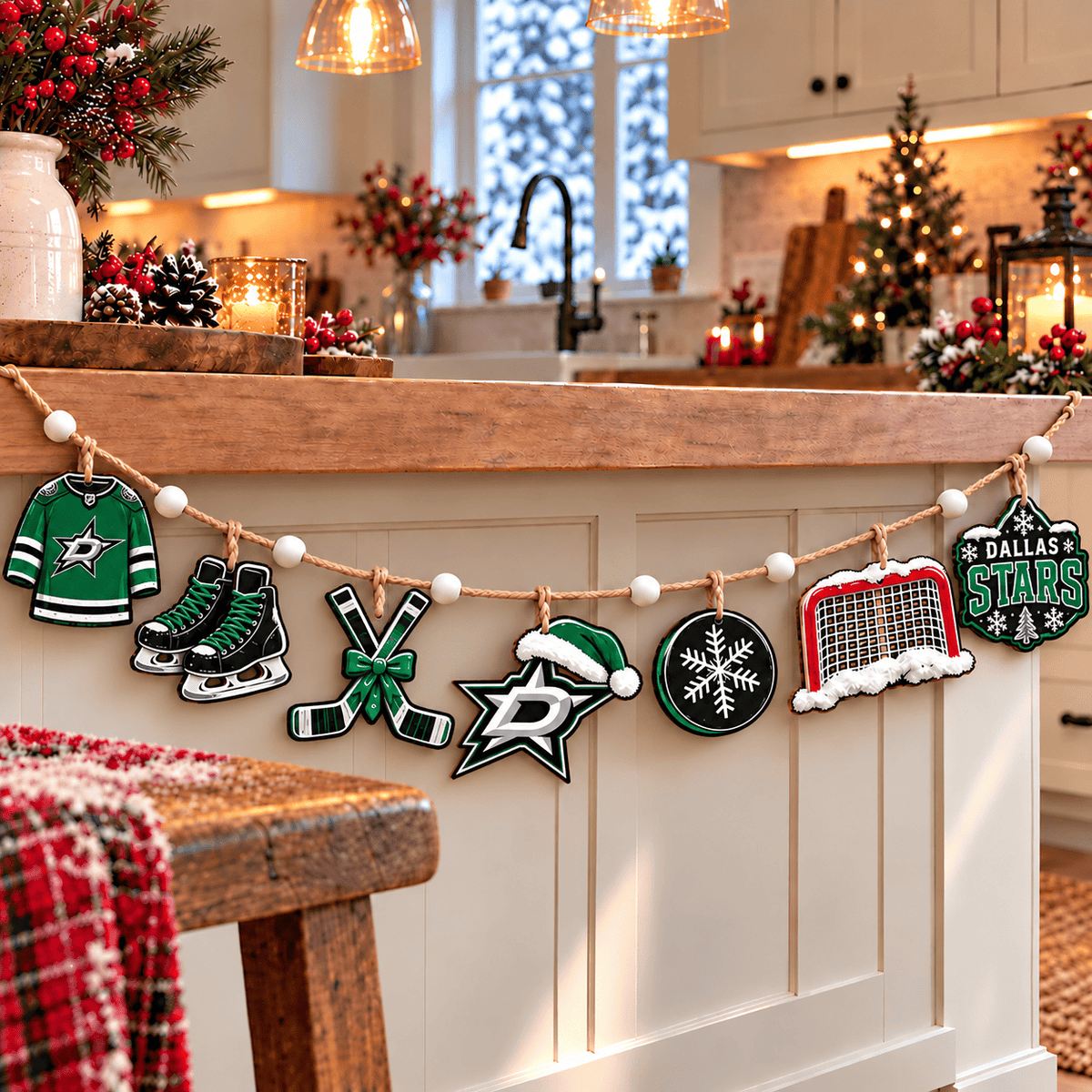 Dallas Stars NHL Team Christmas Wooden Garland – Hockey Holiday Hanging Decorations