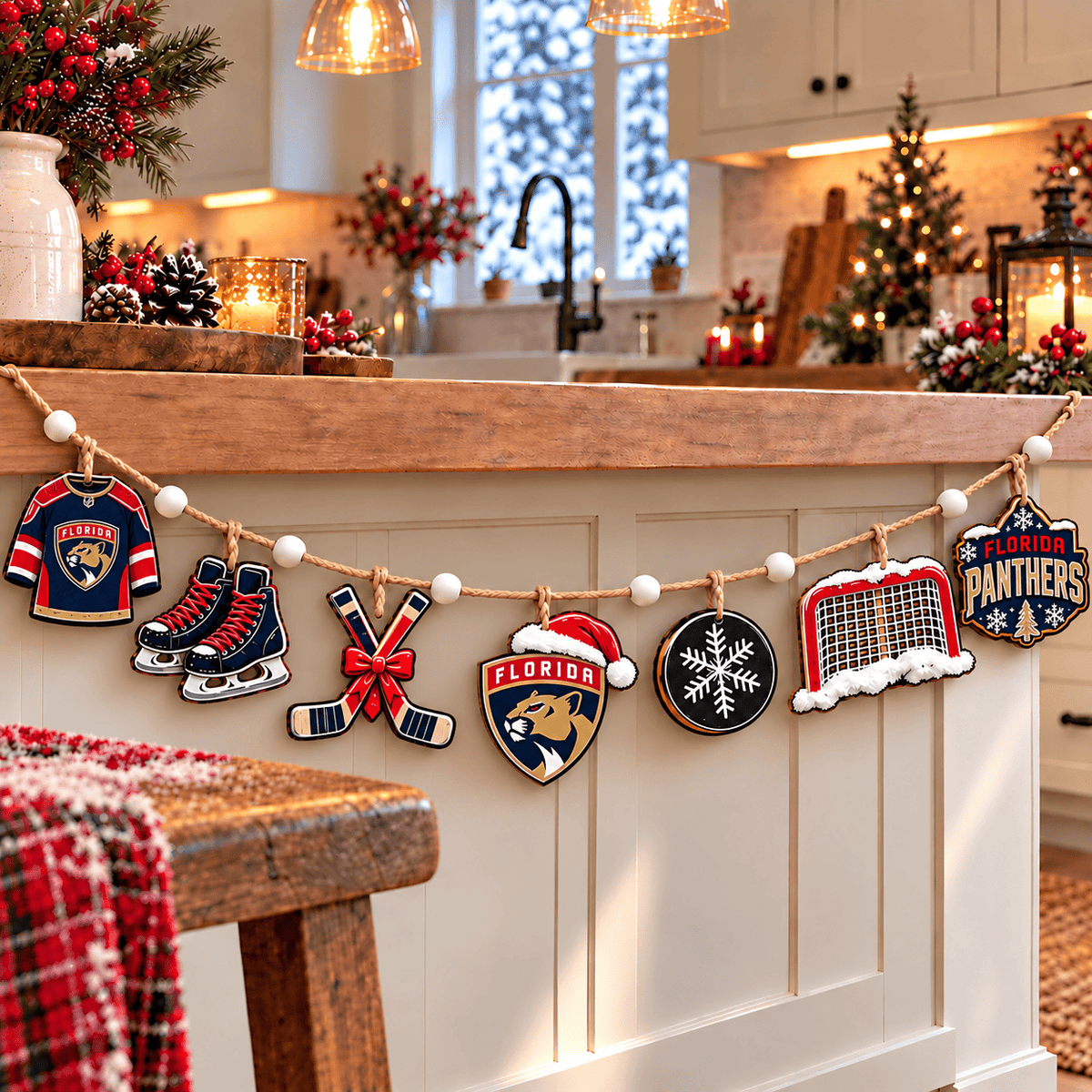 Florida Panthers NHL Team Christmas Wooden Garland – Hockey Holiday Hanging Decorations