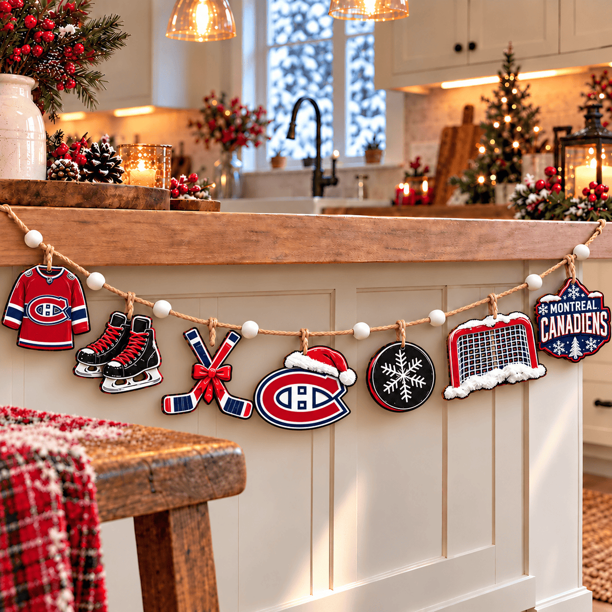 Montreal Canadiens NHL Team Christmas Wooden Garland – Hockey Holiday Hanging Decorations
