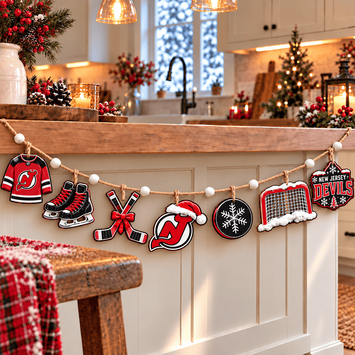 New Jersey Devils NHL Team Christmas Wooden Garland – Hockey Holiday Hanging Decorations