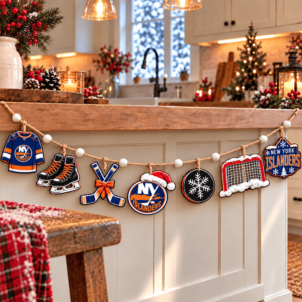 New York Islanders NHL Team Christmas Wooden Garland – Hockey Holiday Hanging Decorations