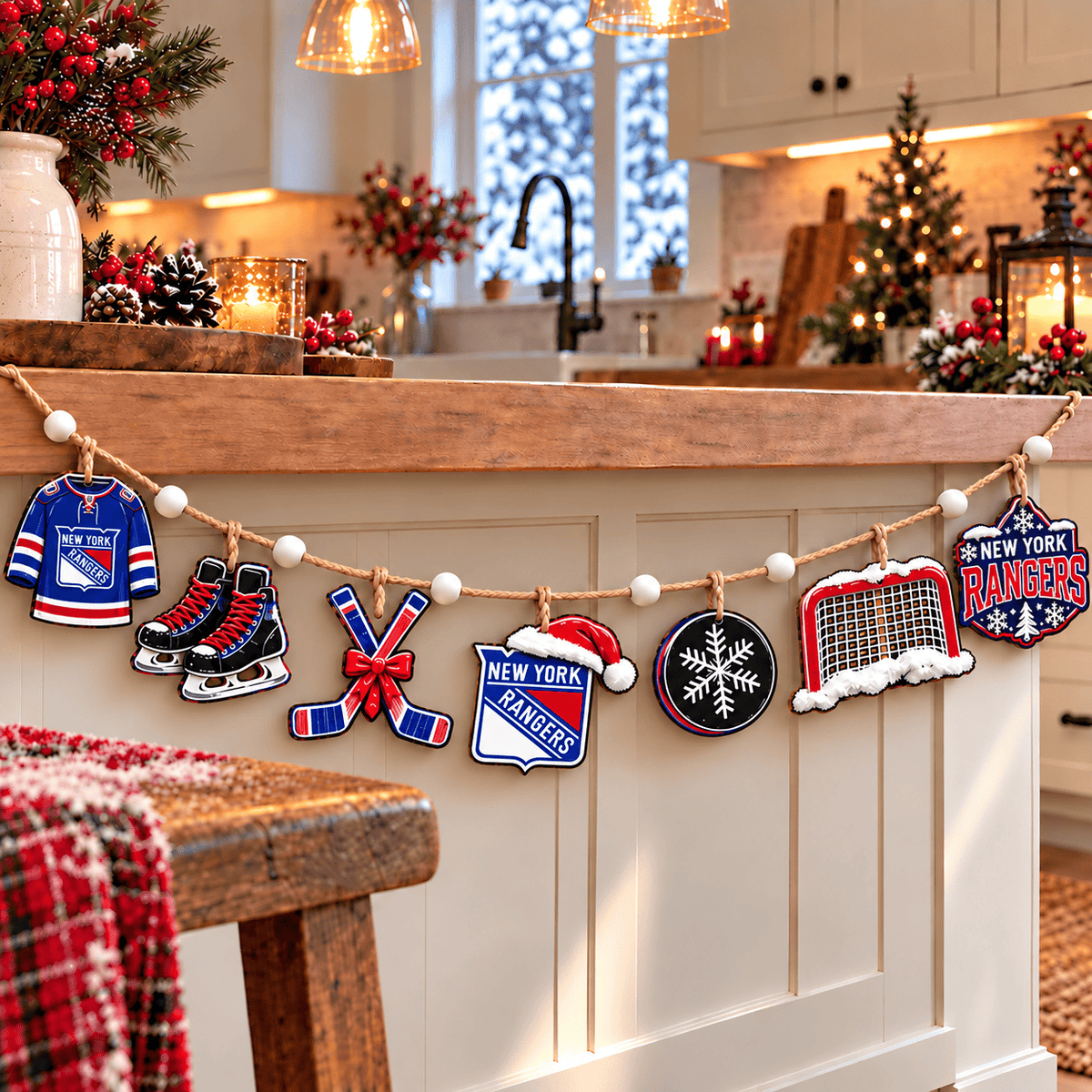 New York Rangers NHL Team Christmas Wooden Garland – Hockey Holiday Hanging Decorations