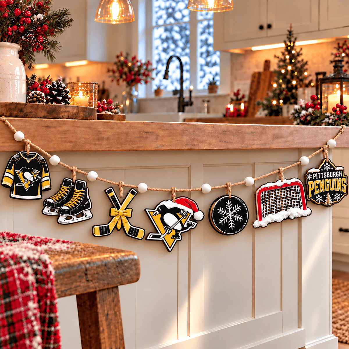 Pittsburgh Penguins NHL Team Christmas Wooden Garland – Hockey Holiday Hanging Decorations