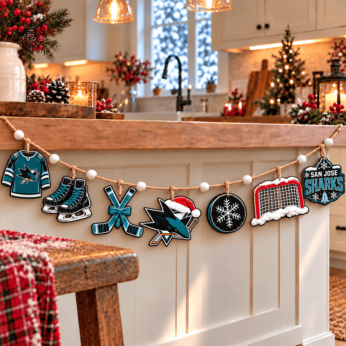 San Jose Sharks NHL Team Christmas Wooden Garland – Hockey Holiday Hanging Decorations