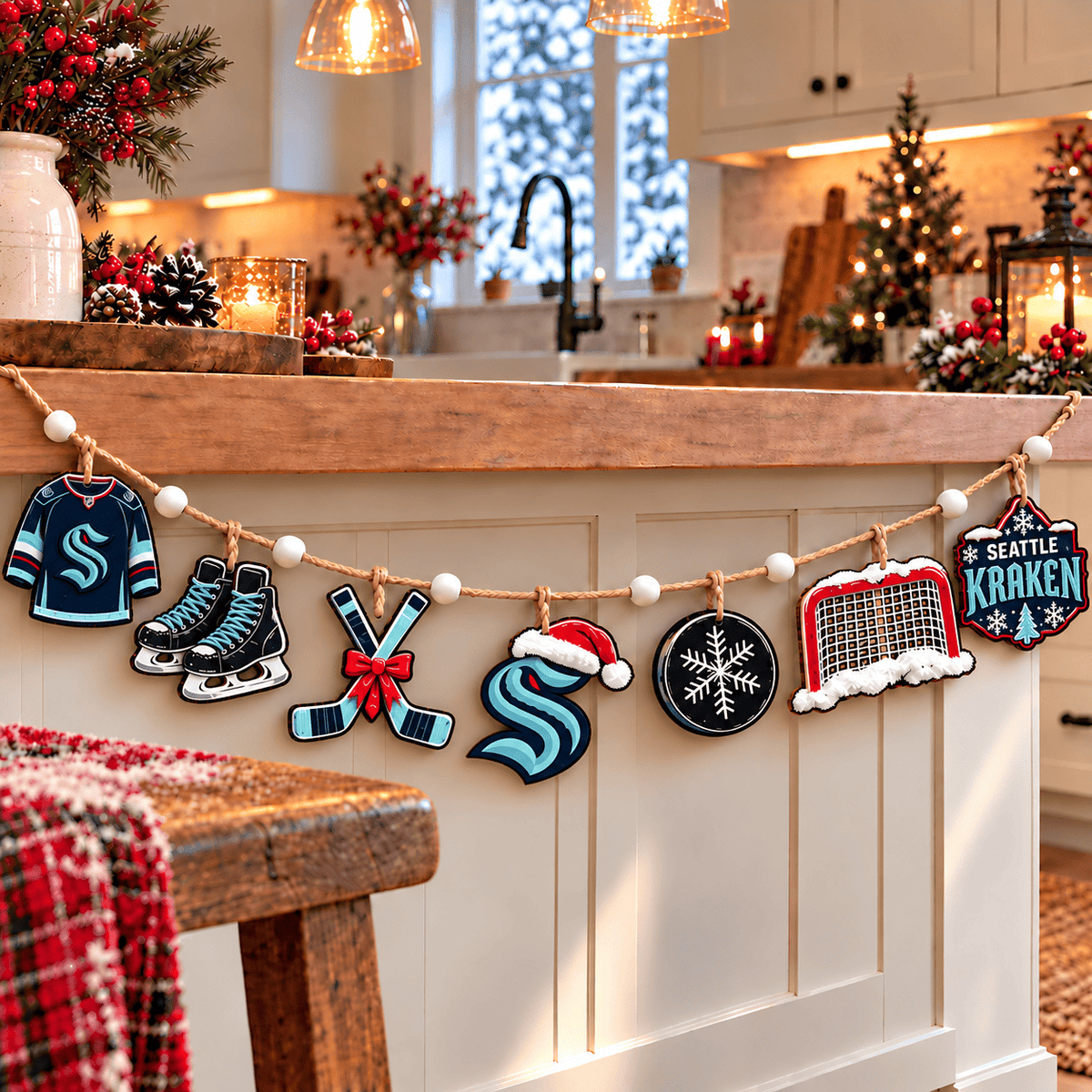 Seattle Kraken NHL Team Christmas Wooden Garland – Hockey Holiday Hanging Decorations