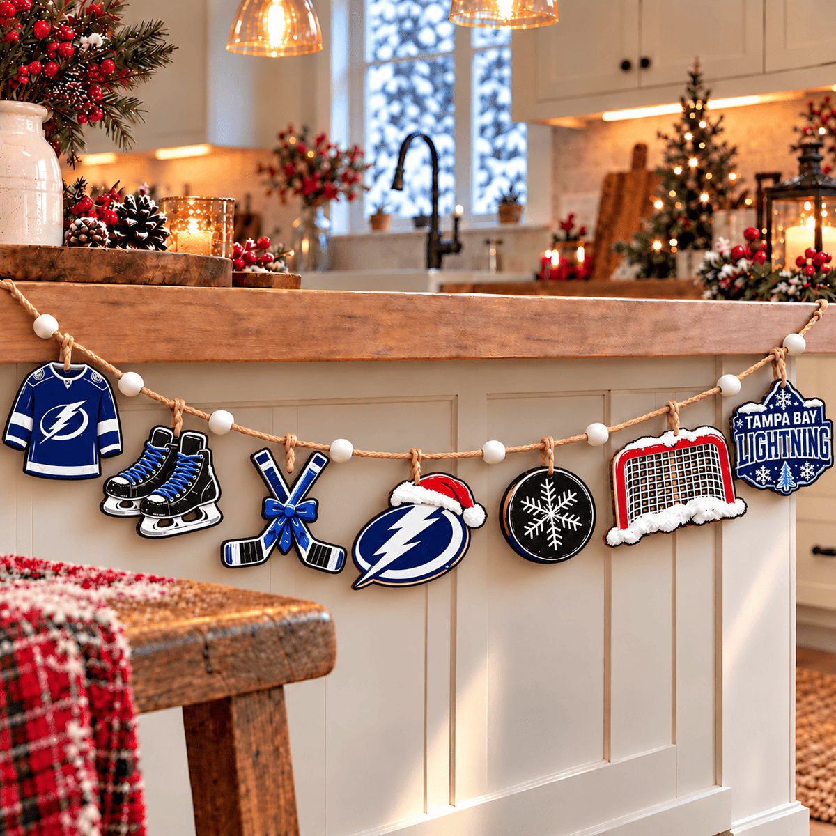 Tampa Bay Lightning NHL Team Christmas Wooden Garland – Hockey Holiday Hanging Decorations