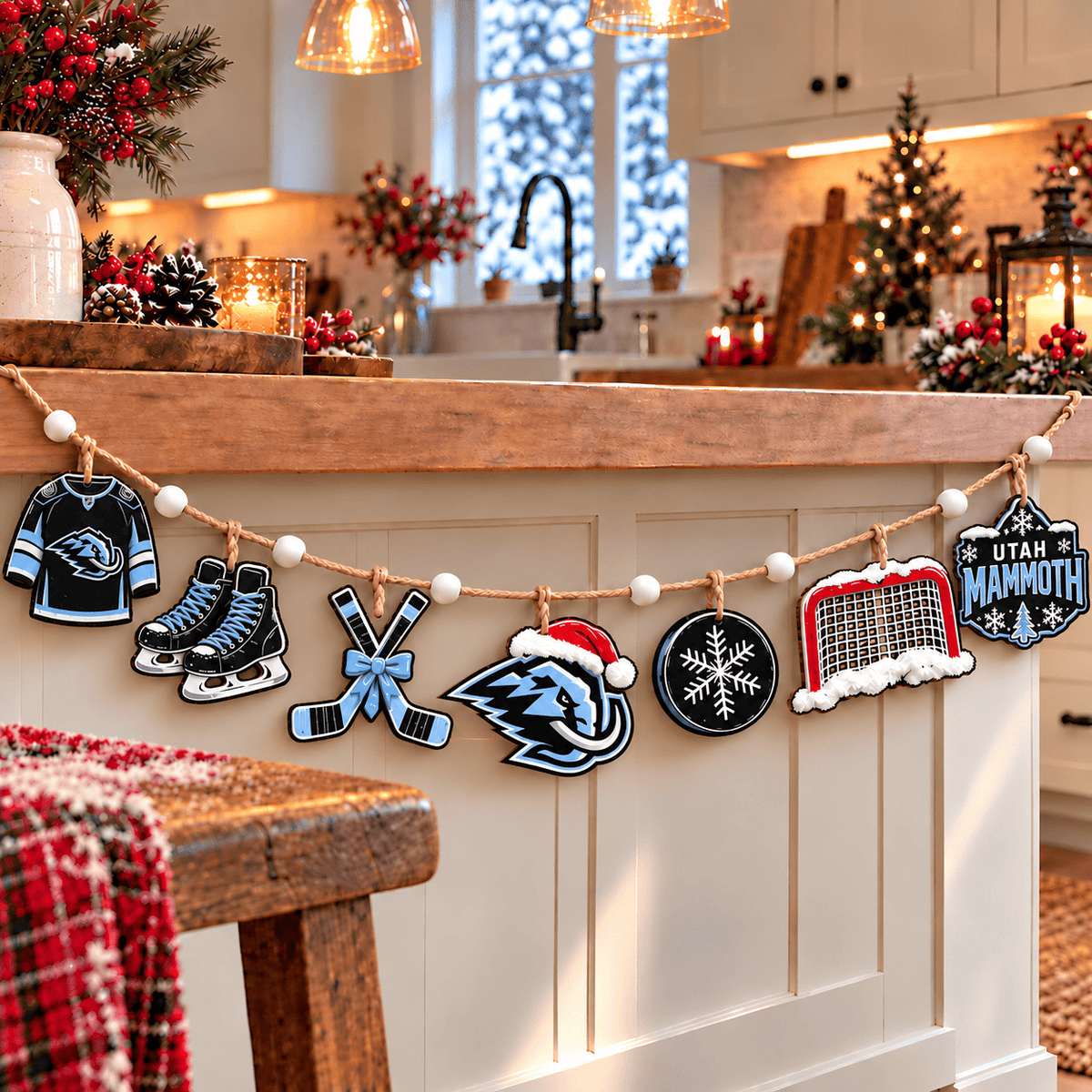 Utah Mammoth NHL Team Christmas Wooden Garland – Hockey Holiday Hanging Decorations