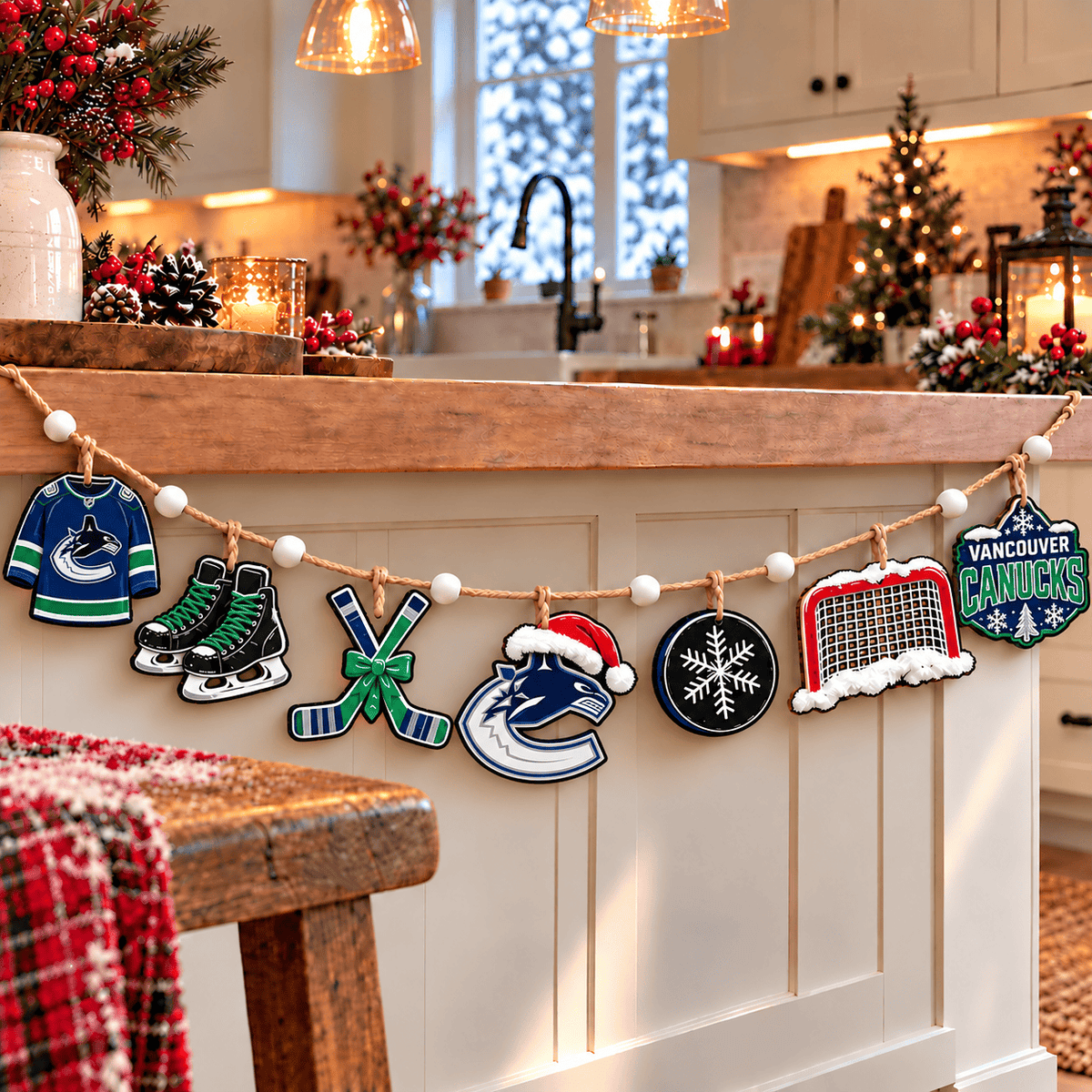 Vancouver Canucks NHL Team Christmas Wooden Garland – Hockey Holiday Hanging Decorations