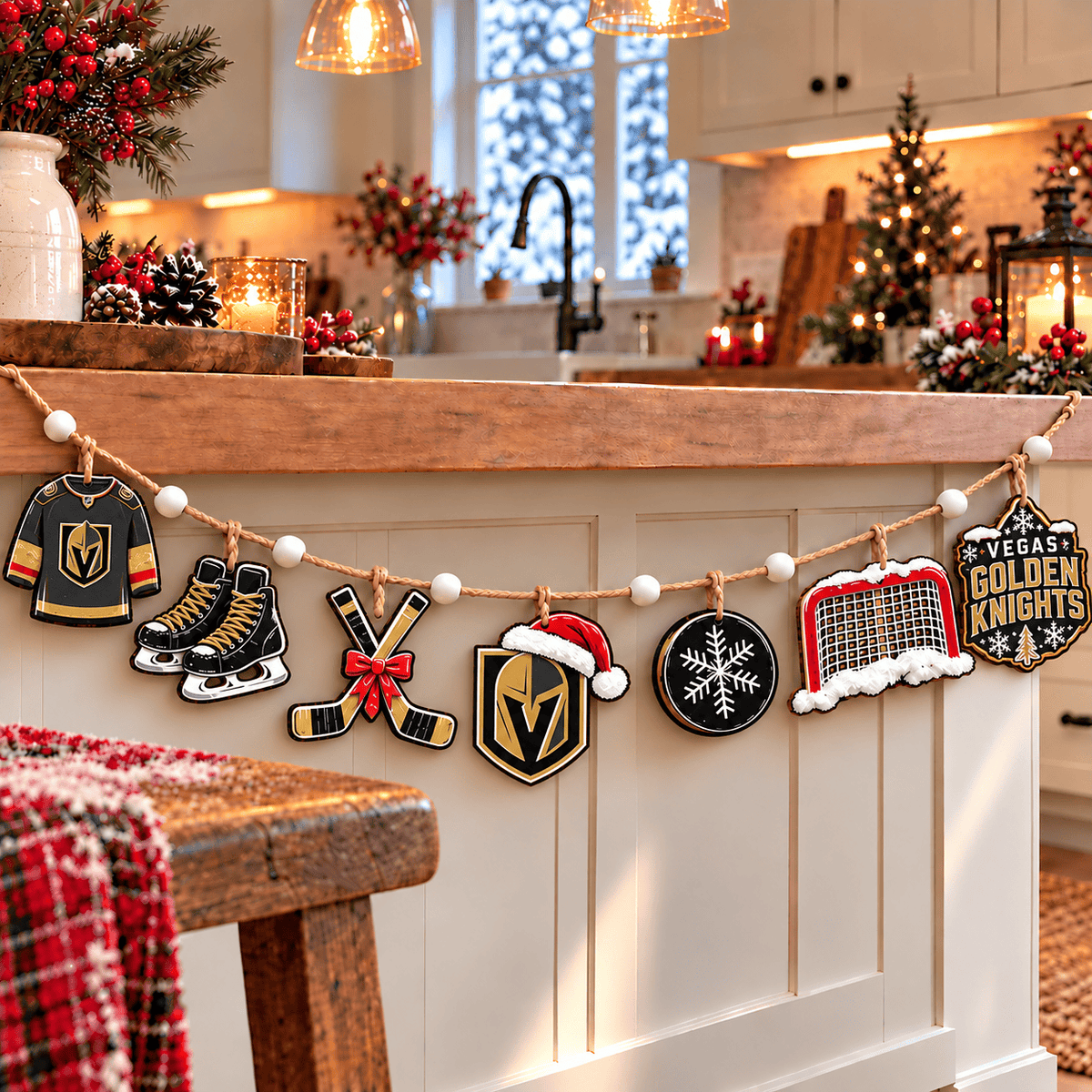 Vegas Golden Knights NHL Team Christmas Wooden Garland – Hockey Holiday Hanging Decorations