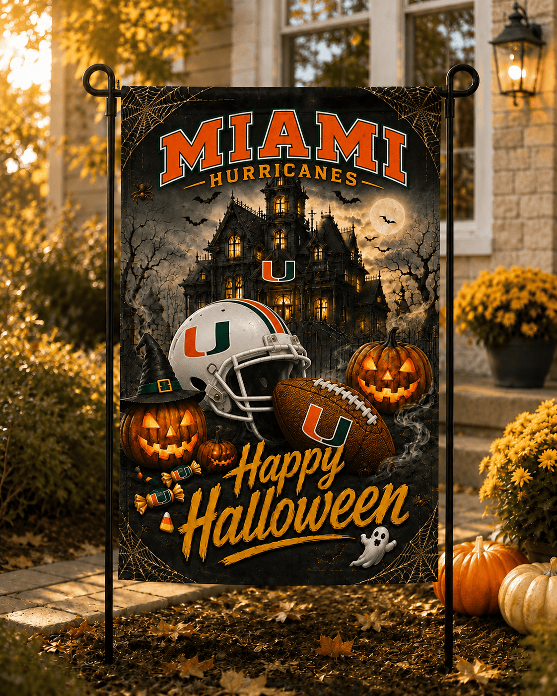 Miami Hurricanes NCAA Halloween Garden Flag