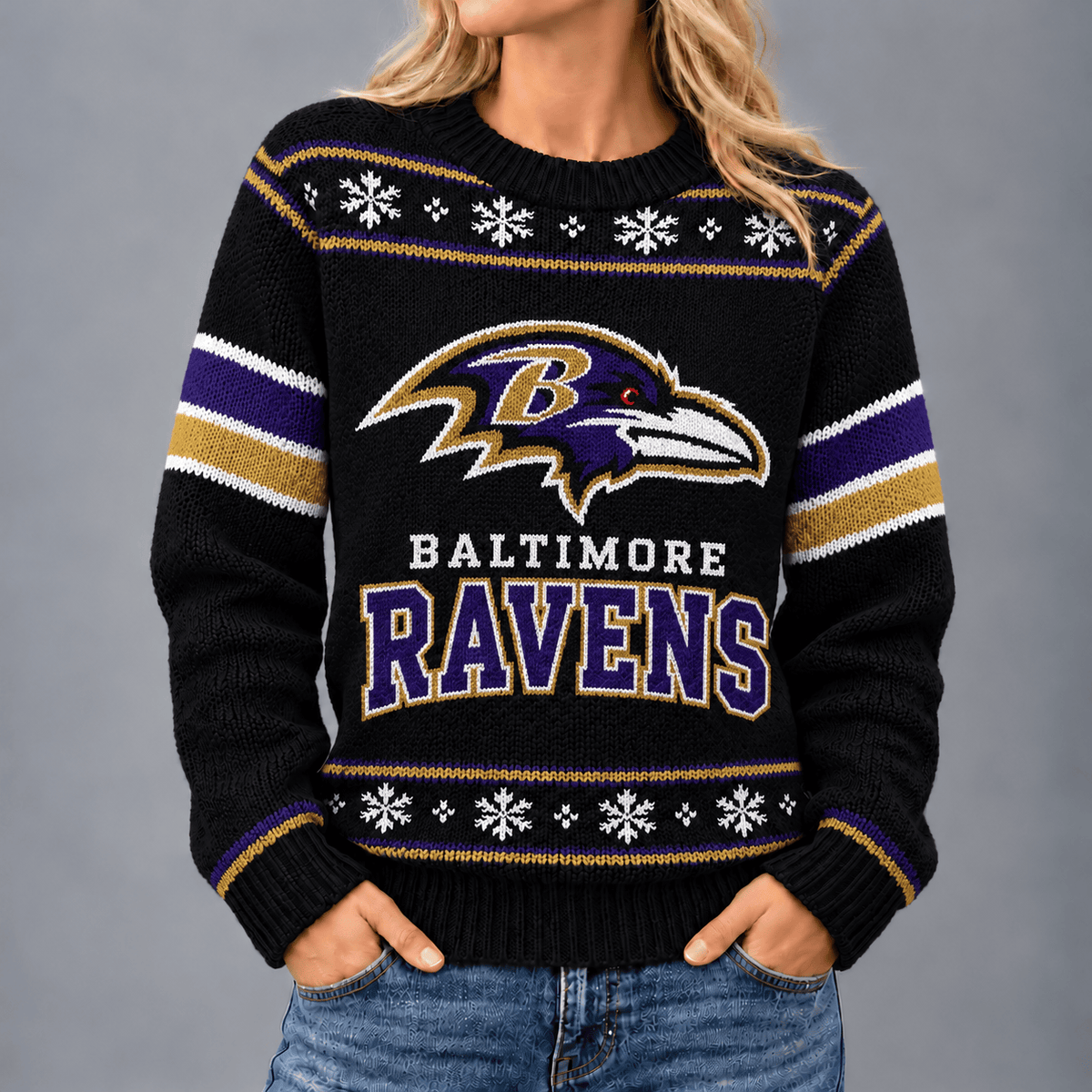 Baltimore Ravens | Premium NFL Christmas Snowflake Vintage Knit Sweater
