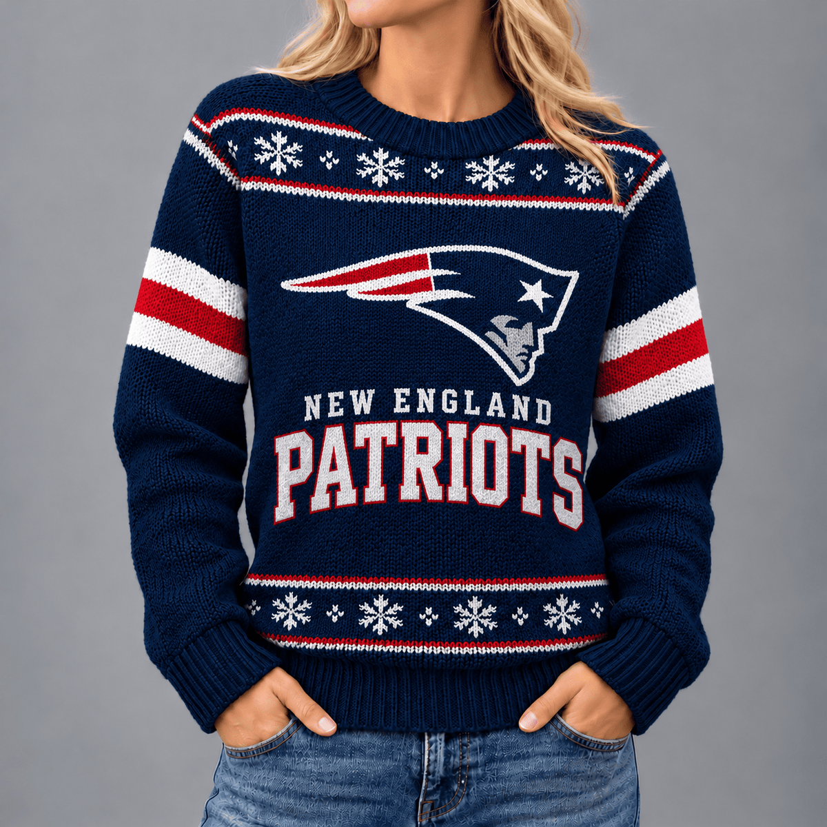 New England Patriots | Premium NFL Christmas Snowflake Vintage Knit Sweater