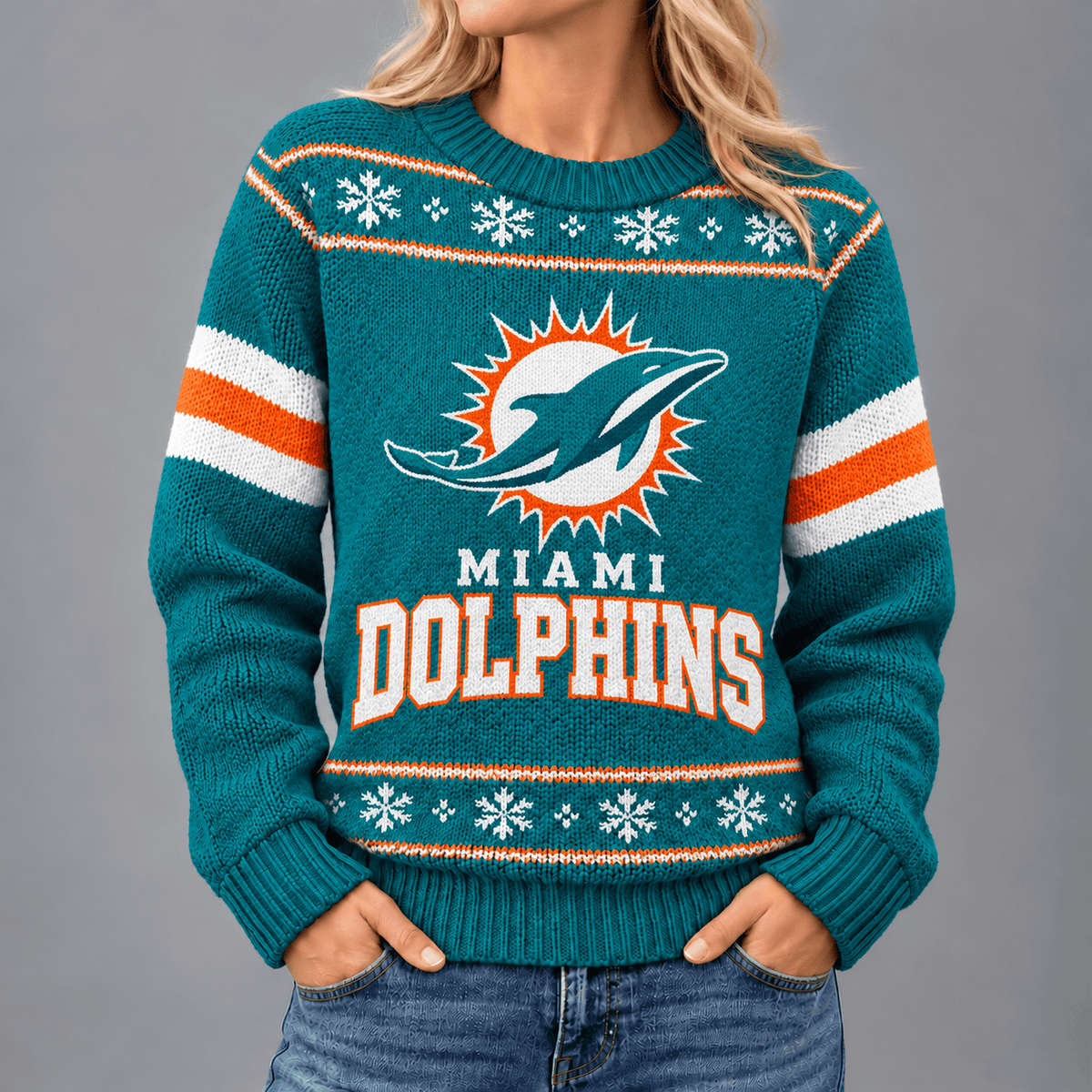 Miami Dolphins | Premium NFL Christmas Snowflake Vintage Knit Sweater
