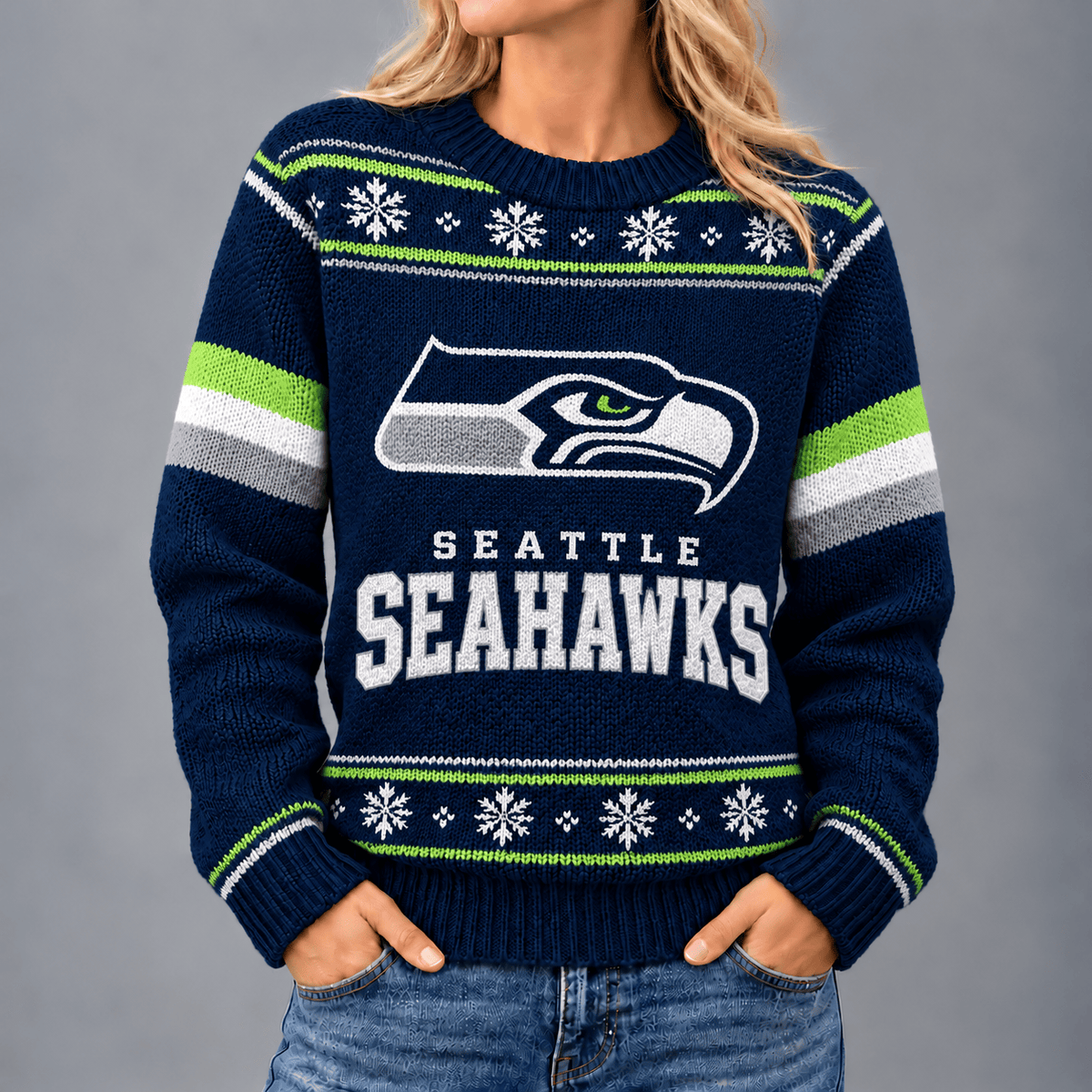 Seattle Seahawks | Premium NFL Christmas Snowflake Vintage Knit Sweater