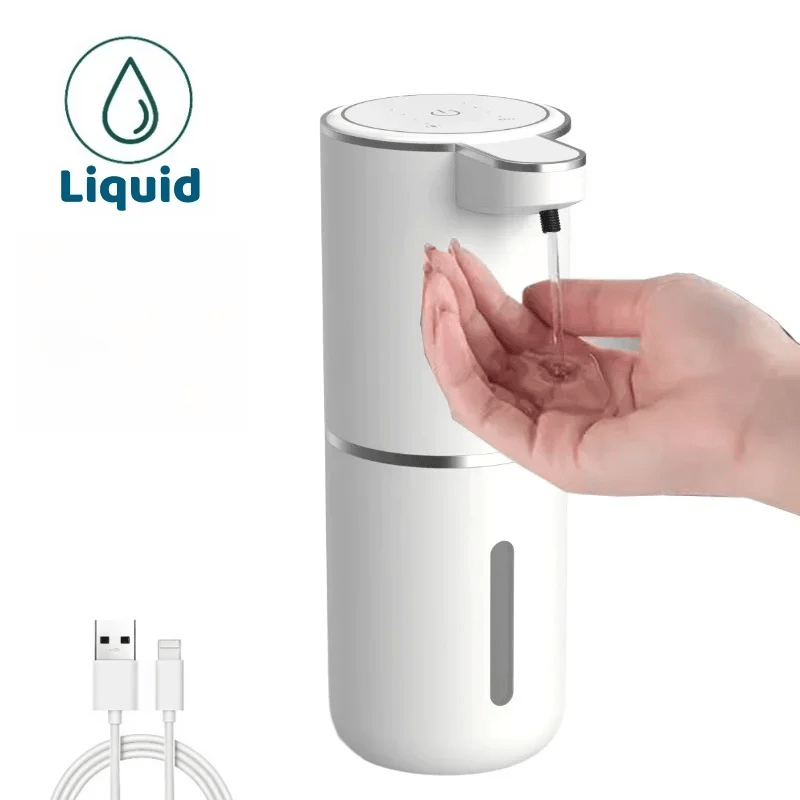 Hands free liquid soap dispenser with rechargeable battery for kitchens offices and public spaces