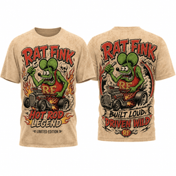 Rat Fink Green Mouse With Flaming Hot Rod 3D Shirt for Classic Car and Kustom Culture Fans