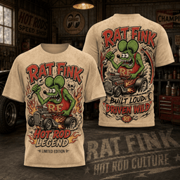 Rat Fink Green Mouse With Flaming Hot Rod 3D Shirt for Classic Car and Kustom Culture Fans