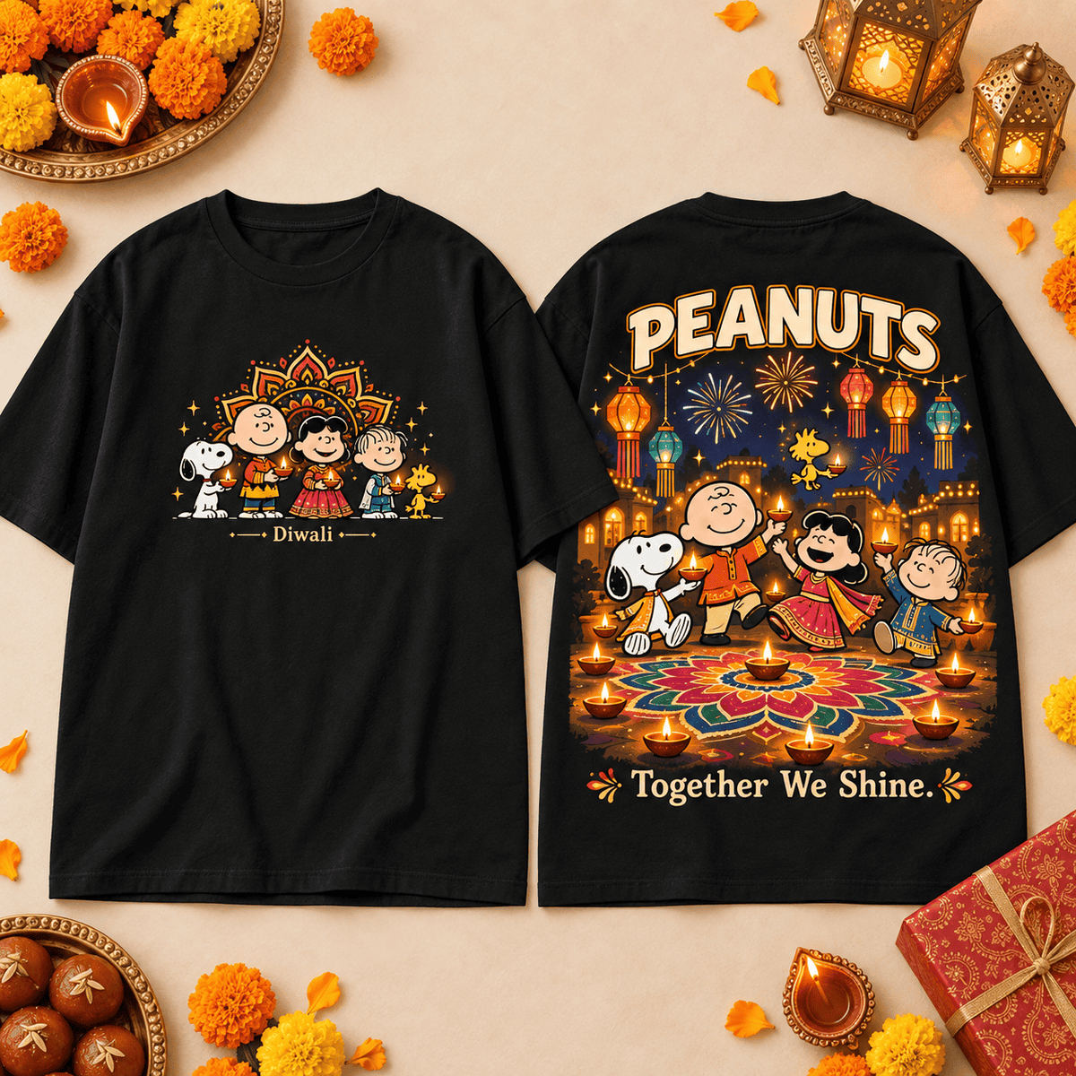Peanuts Together We Shine 3D Shirt for Friends Celebrating Every Bright Moment Side by Side NDN Flat Shirt Mockup