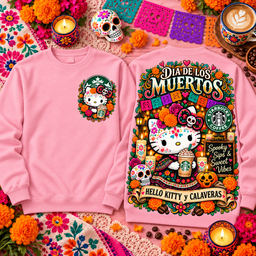 Hello Kitty Starbucks Dia De Los Muertos Sugar Skull Coffee Halloween Marigold Calaveras 3D Shirt NHH - Sweatshirt Light Pink