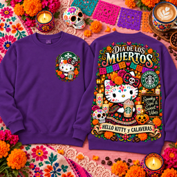 Hello Kitty Starbucks Dia De Los Muertos Sugar Skull Coffee Halloween Marigold Calaveras 3D Shirt NHH - Sweatshirt Deep Purple