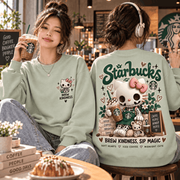 Starbucks Hello Kitty Skeleton Coffee Brew Kindness Sip Magic 3D Shirt NHH - Sweatshirt Sage Green