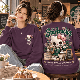 Starbucks Hello Kitty Skeleton Coffee Brew Kindness Sip Magic 3D Shirt NHH - Sweatshirt Aubergine