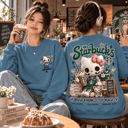Starbucks Hello Kitty Skeleton Coffee Brew Kindness Sip Magic 3D Shirt NHH - Sweatshirt Steel Blue