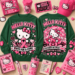 Hello Kitty Pink Ribbon Cute Cat T-Shirt NY - Sweatshirt Forest Green