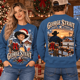 George Strait Snowy Ranch Holiday Guitar T-Shirt for Country Christmas Fans NTH1 - Sweatshirt Denim Blue