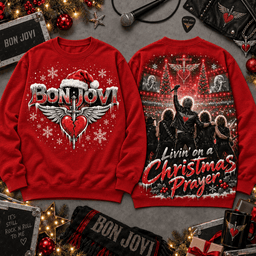 Bon Jovi Livin' on a Christmas Prayer All-Over Print T-Shirt for Holiday Music Fans NDN - Sweatshirt Red