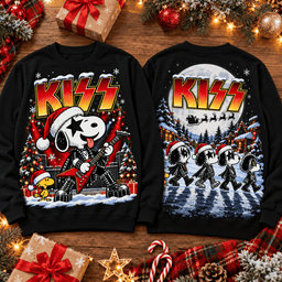 Kiss Snoopy Guitar And Winter Band Walk Christmas 3D Shirt NTH1 - Sweatshirt Black