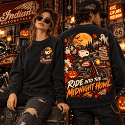 Snoopy Indian Motorcycle Halloween Ride Into The Midnight Howl Route 66 3D Shirt NHH - Sweatshirt Washed Black