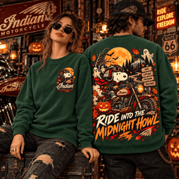 Snoopy Indian Motorcycle Halloween Ride Into The Midnight Howl Route 66 3D Shirt NHH - Sweatshirt Forest Green