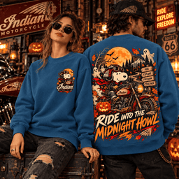 Snoopy Indian Motorcycle Halloween Ride Into The Midnight Howl Route 66 3D Shirt NHH - Sweatshirt Ocean Blue